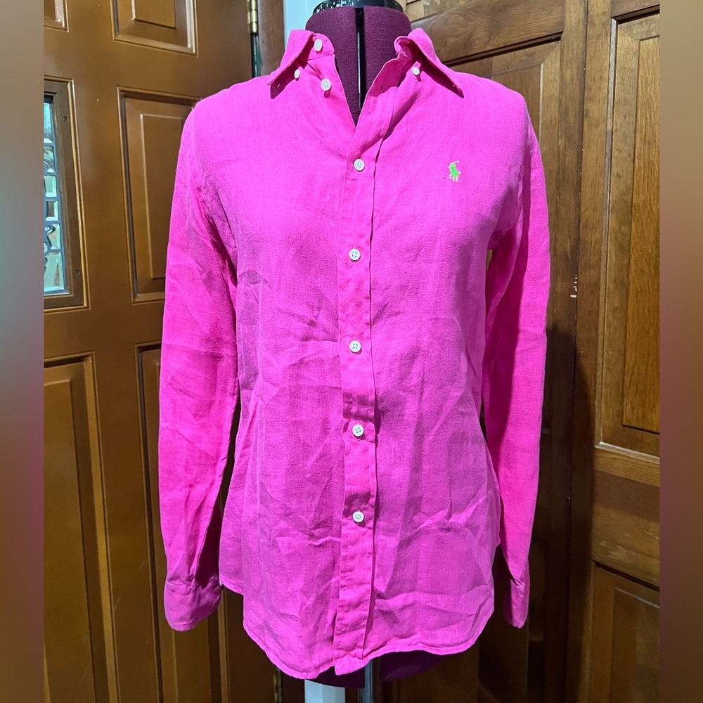 Bright pink Ralph Lauren linen button up ladies top. Size small petite